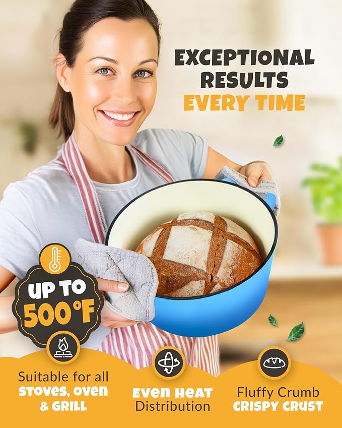 5 QT Enameled Dutch Oven for Bread Baking with Lid & Baking Set | Sourdough Dutch Oven for Bread Baking, Cast Iron Bread Oven with Lid, Banneton, Bread Sling, Lame, Dough Whisk & Clear Guide