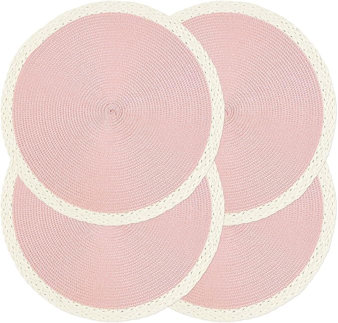 Round Placemats Set of 4, Woven Table Mats, Mint Pink | Braided Paper Edge, 15 Inch Diameter, Fits Dinner Plate and Flatware, Wipeable, Heat Resistant, Indoor Dining, Outdoor Patio