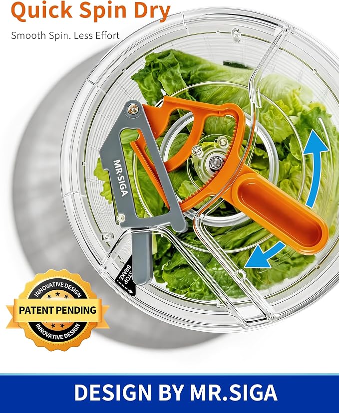 MR.SIGA Large Salad Spinner Dryer, Vegetable Lettuce Spinner | Large 6.87 quart capacity, salad spinner and dryer for washing and spinning, ideal for draining greens, fruits, veggies