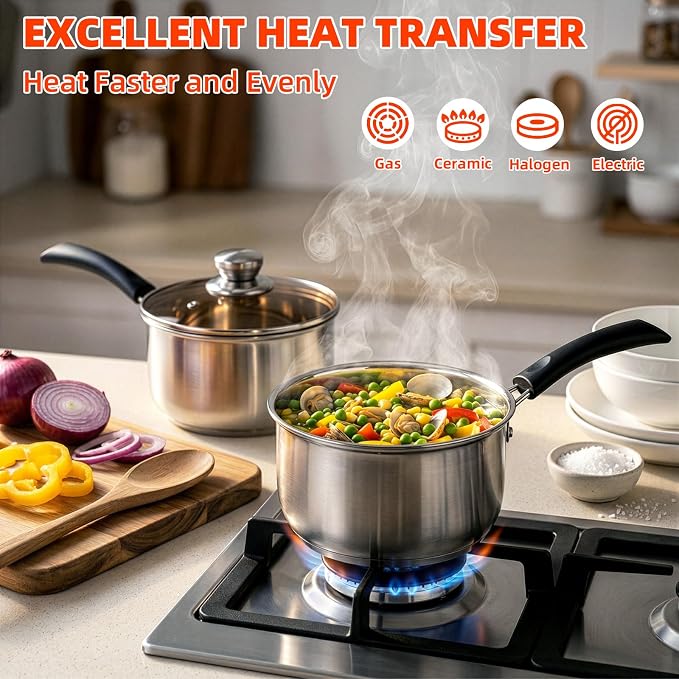 ZENFUN 2 Quart Saucepan, Stainless Steel Sauce Pan with Visible Glass Lid&Stay Cool Handle, Small Sauce Pot for Kitchen, Saucier Pan, Induction Pot for Cooking, Dishwasher Safe(PFOA PTFE PFAS Free)