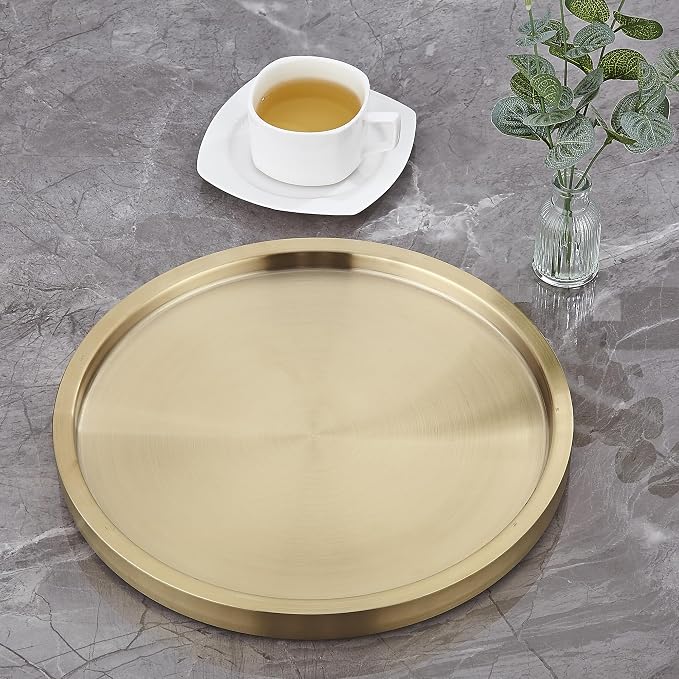 Stainless Steel Round Bar Serving Tray 12.5",Double Wall,Ideal Coffee Table, Decorative,Rotisserie Plate, Tea and Bathroom Serving,Gold