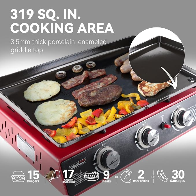 Royal Gourmet PD1301R 3-Burner Tabletop Propane Gas Griddle with Cover | 24 Inch Portable Griddle, Red | 25,500 BTUs Output, 319 sq. in. cooking area | for Outdoor Cooking, Camping or Tailgating