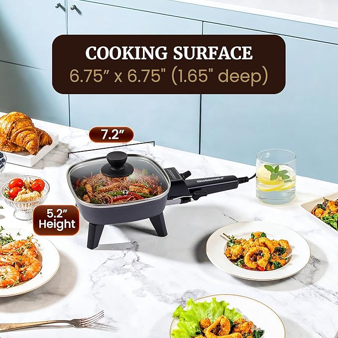 Elite Gourmet EFS059 Personal Compact Electric Skillet, 7" 600W, Black | Portable Cooker with Removable Handle, Nonstick Surface, Tempered Glass Lid, Adjustable Temperature, Rapid Heating