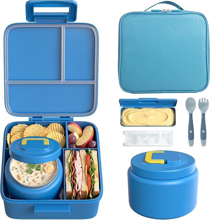 MAISON HUIS Bento Lunch Box with 8oz Soup Thermo, 5-Compartment Leak-Proof Container, Thermo Hot Food Jar and Insulated Lunch Bag, BPA Free,Travel, School (Blue)