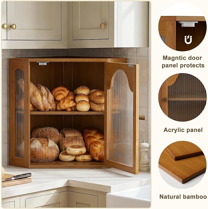 2-Tier Corner Bread Box for Kitchen Countertop with Acrylic Wavy Door Panel | Bread Storage for Homemade Bread, Large Bamboo Vintage Farmhouse Bread Bin, Cabinet Cupboard Pantry, Caramel, Extra Large