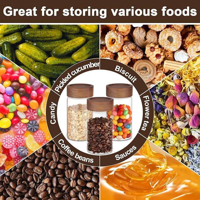 Coffee Jars Set of 4, Clear 9oz 270ml Glass Mason Jars with Wood Lids, Airtight Screw Top Glass Canister, Kitchen Sugar Containers for Pantry Storage, Spice, Tea, Candy, Oats, Beans, Seasoning