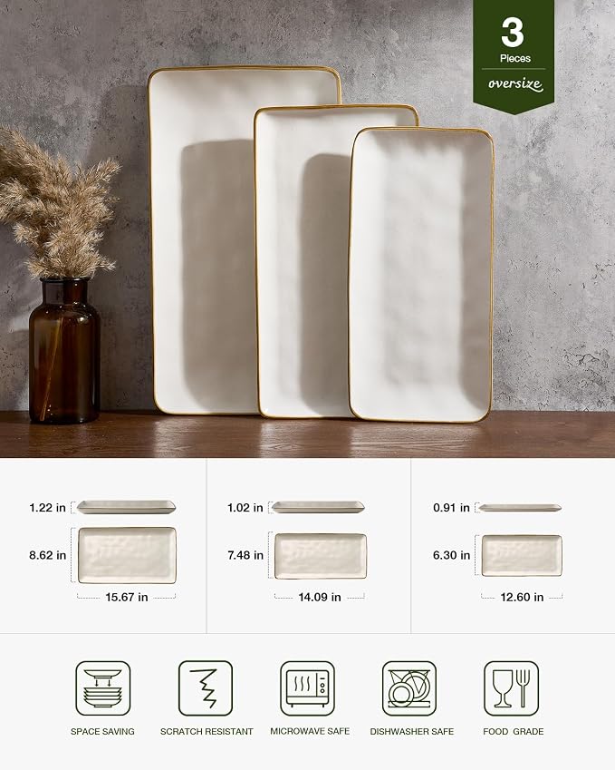 Famiware Serving Platters Set of 3 Sizes - Rectangular, Matte White | 15.67"/14.1"/12.6" Fine Stoneware Serving Trays for Party, Entertaining for Food, Turkey, Cheese, Microwave Dishwasher Safe