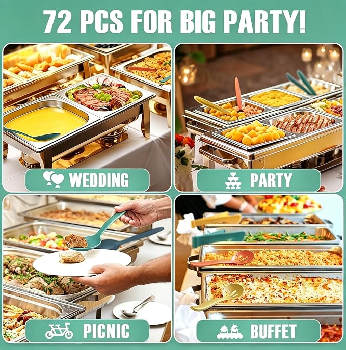 Reusable Plastic Serving Utensils Set of 72, 10" Wheat straw Large Serving set Serving Spoons/Slotted Spoons/Tongs, for Party Buffet Catering (Orange/Blue/Yellow/Green, Not for Cooking)