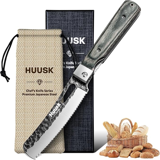 Huusk Japanese Folding Bread Knife - Pocket Knife with Wide Wavy Edge | Hand Forged Blade, Wooden Handle, Gift Box, For Homemade Bread, Steak and Tomato, For BBQ, Camping and Travel