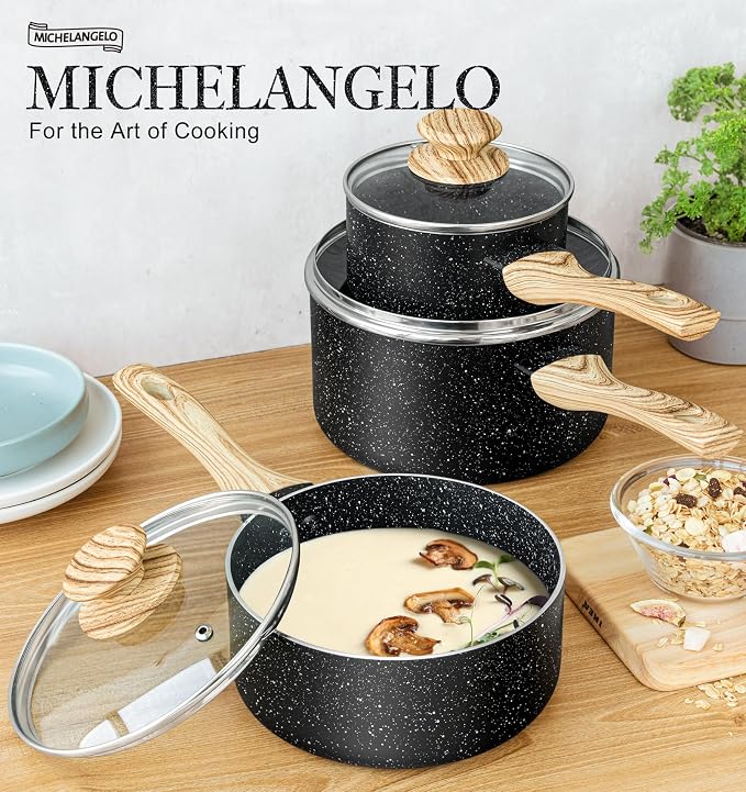 MICHELANGELO Saucepan Set, 3-Piece Nonstick Sauce Pans with Lids, 1QT, 2QT, 3QT, Black Granite Stone