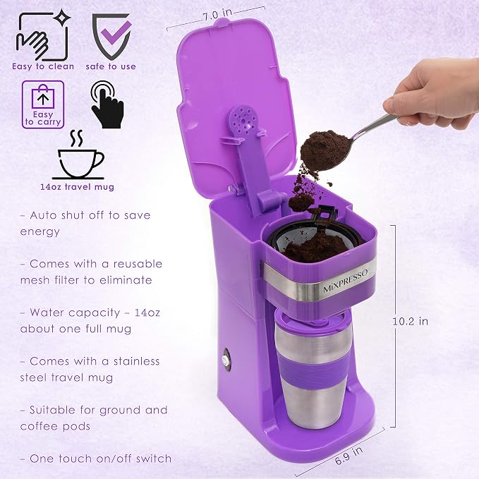 Mixpresso Single Serve & Single Cup Coffee Maker with 14oz Travel Mug | For ground coffee only, reusable filter, auto shut off. Compact personal drip coffee maker, not compatible with K-Cup pods.