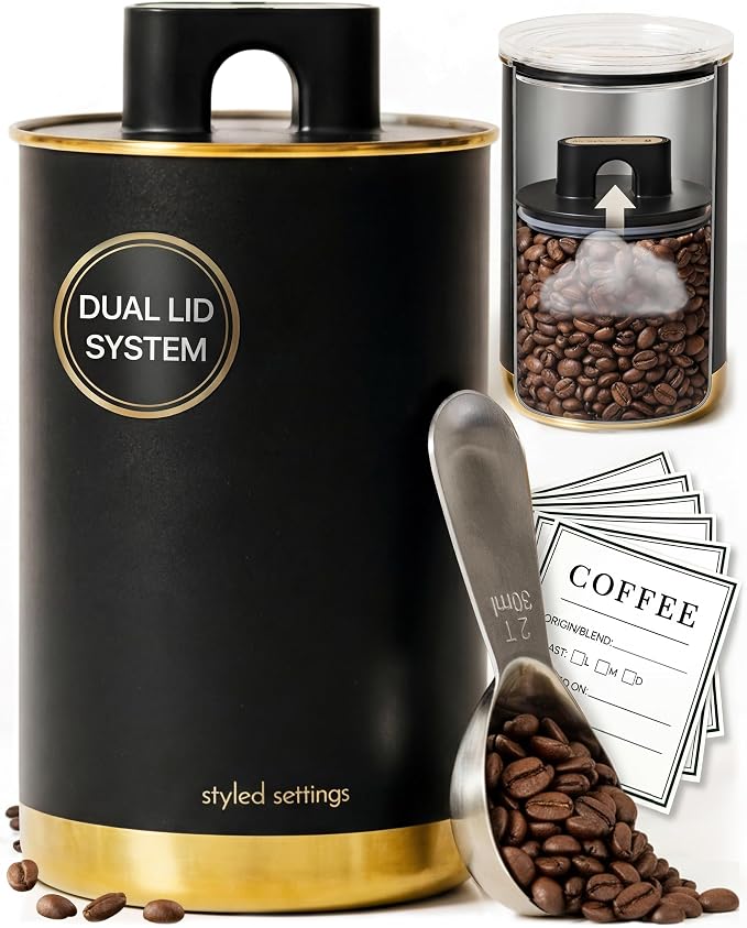 STYLED SETTINGS Vacuum Coffee Canister with Airtight Lid, Black and Gold | Stainless Steel, BPA Free, Food Grade, Vacuum Effect, Air Tight, Stackable