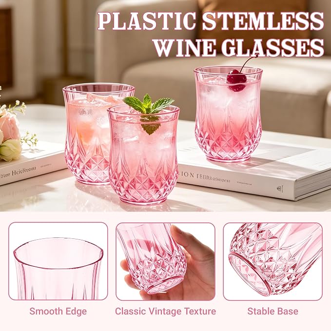 24 Pack 12 Oz Plastic Stemless Wine Glasses, Pink | Unbreakable, Reusable, Elegant Vintage Design, Fancy Cocktail Cups, Whiskey, Champagne, Wedding, Party, Bars, Holiday Events