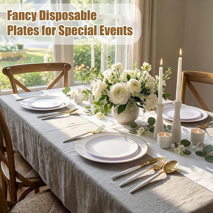 DaYammi 150Pcs Gold Plastic Plates with Disposable Silverware,White Gold Disposable Dinnerware Set - 30 Dinner Plate,30 Dessert Plate,90 Gold Cutlery with White Handles,Fancy Plates for Party Wedding