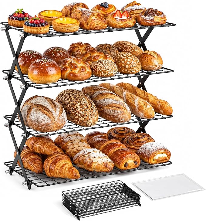 4 Tier Collapsible Cooling Rack for Baking Cookies Bread Barbecue | Include 50 Baking Papers, 4-Level Adjustable Height, 3 Setting Design, Stackable Roasting Rack, X-Shaped Structure