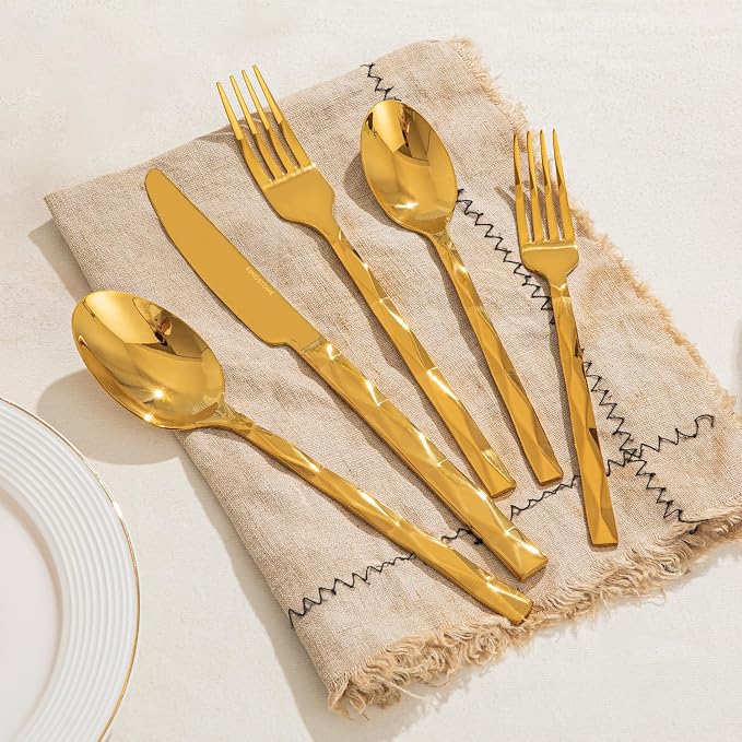20 Piece 18/10 Gold Silverware Set, Stainless Steel Flatware Cutlery for 4 | KINGSTONE Luxury Silverware with Diamond Cut Pattern, Mirror Polished Utensils for Kitchen, Wedding, Party, Dishwasher Safe