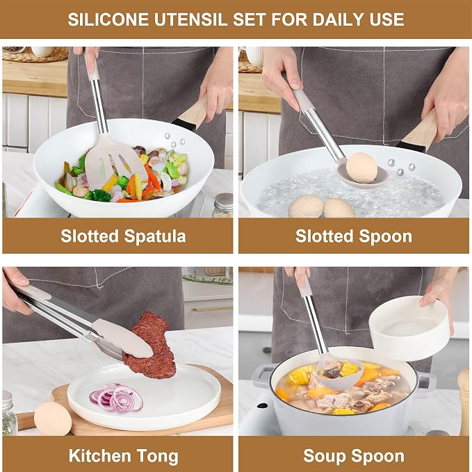 LIANYU 15 Pcs Cooking Utensils Set, Silicone Kitchen Tools with Holder | Heat Resistant, Kitchen Gadgets with Stainless Steel Handle, Brush Spatula Spoon Whisk for Cookware, Dishwasher Safe, Khaki