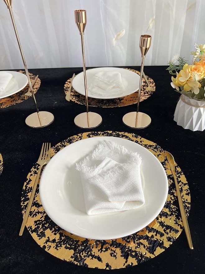 Disposable Black and Gold Placemats Set of 100 Metallic Thin Round 13 Inch Gold Doilies Mesh Pressed Fall Table Placemates 100 Pack Charger Plates for Wedding, Birthday Party