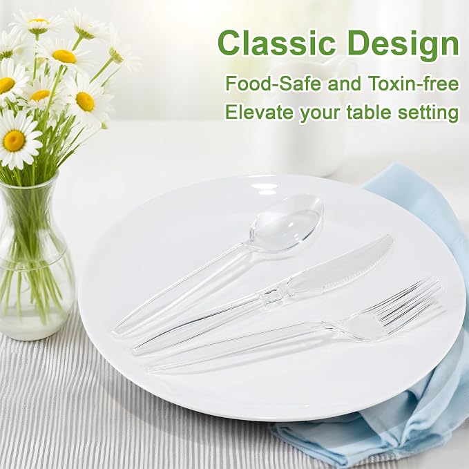 Pleafind 360 Count Plastic Silverware - 7 Inch Heavy Duty, Food Grade Plastic Utensils Set for Family Gatherings, Picnics & Everyday Use, Disposable Silverware with 120 Forks, Spoons and Knives