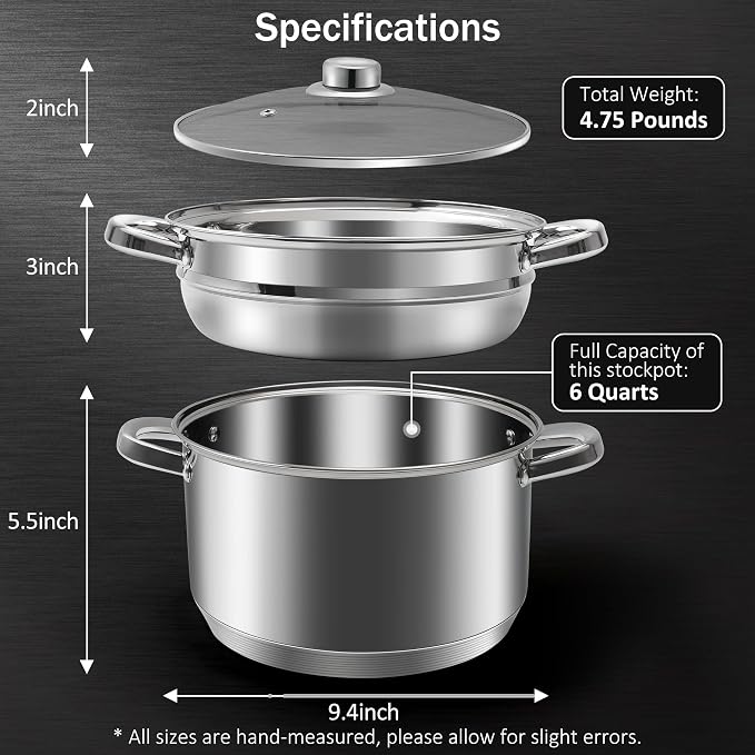 AuFranc® 6 Quart 18/10 Stainless Steel Tri-ply Stockpot and Steamer with Tempered Glass Lid, Multipurpose Steamer Pot Compatible with All Cooktops, Non-Toxic Soup Pot, Oven & Dishwasher Safe (Silver)