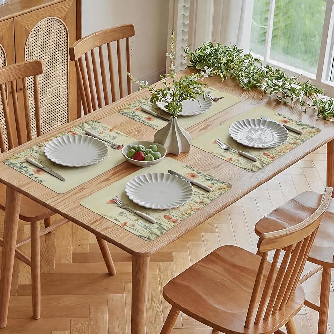 Vinyl Placemats Set of 4-12x17 Inch - Heat Resistant Washable Place Mats Waterproof Non-Slip Wipeable Table Mats for Dining Table Decor, Spring Outdoor Plastic Placemat