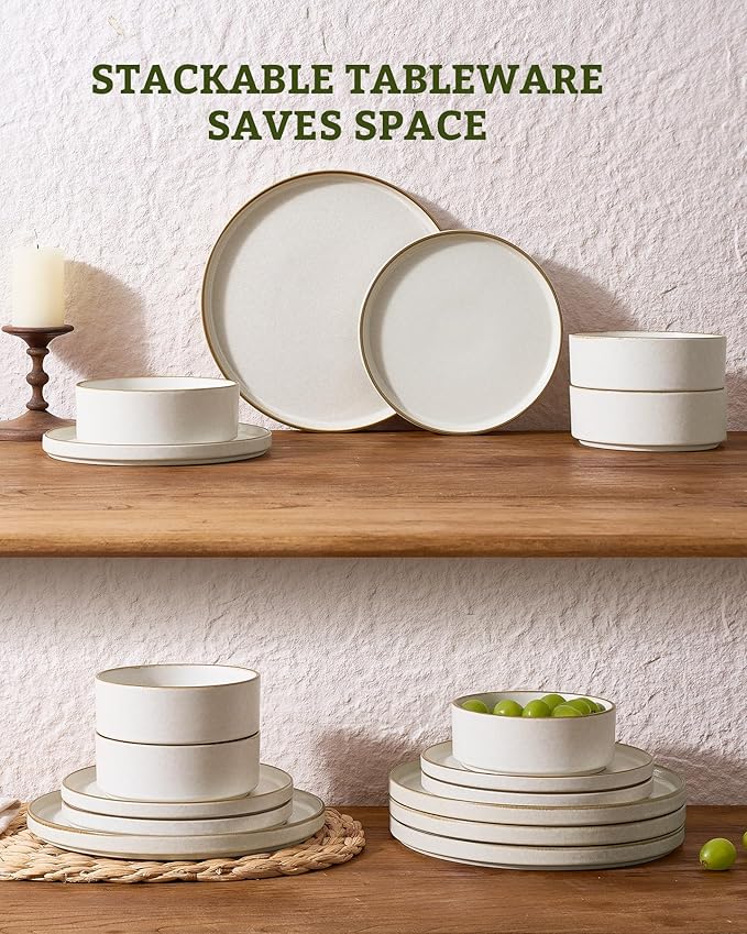 Famiware Nebula 18-Piece Dinnerware Set, Matte Beige White with Brown Rim | Stoneware Plates and Bowls, Handmade Reactive Glaze, Microwave & Dishwasher Safe, Chip & Scratch Resistant