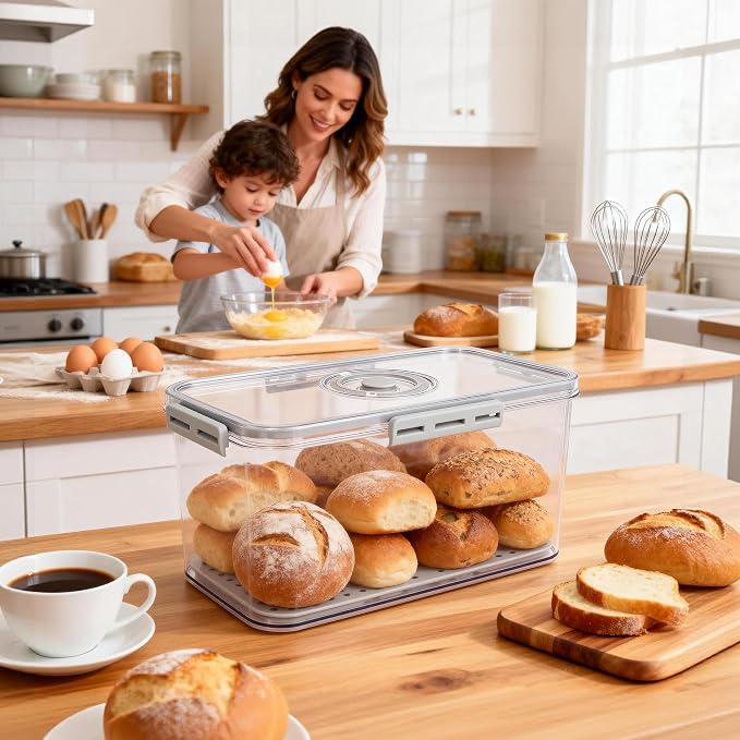 Tiawudi Plastic Bread Box for Kitchen Countertop, Airtight Bread Storage Container for Homemade Bread, Toast, Loaf, Bagel, Donut and Cookies, Time Recording Bread Keeper, Dishwasher Safe