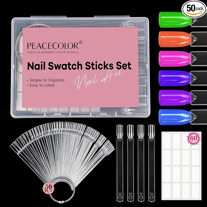 PEACECOLOR 50 Pcs Nail Swatch Sticks with Ring, Nail Color Swatches Display Kit with 60 Blank Number Sticker & Protective Container Box - Clear Fan-Shaped Swatch for Nail Art Practice Home and Salon