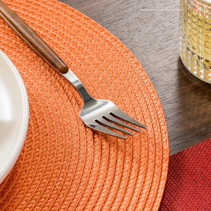 FunWheat Round Braided Placemats Set of 4 Table Mats for Dining Tables Woven Washable Non-Slip Place mats 15inch (Orange, 4pcs)