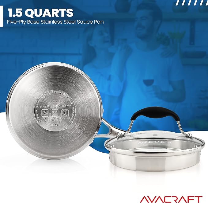 AVACRAFT 1.5 Quart Stainless Steel Saucepan with Glass Strainer Lid | 18/10 Stainless Steel, 5-Layer Capsule Base, Pour Spouts, Ergonomic Handle, Induction Compatible, Oven Safe, Dishwasher Safe