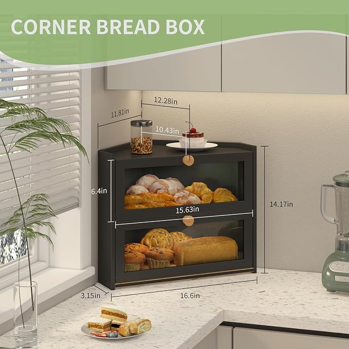 JANSNIMEN Corner Bread Box for Kitchen Countertop Bamboo Bread Holder | Large Capacity Bread Container Storage Wooden Farmhouse Breadbox (Black, 16.6"L x 12.28"W x 14.17"H)