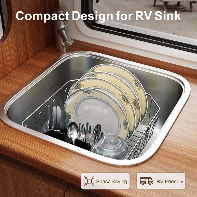 Small in Sink Dish Drying Rack - Stainless Steel for RV Kitchen | Compact Design, Rust-Resistant, Angled Corners Fit Square & Round Sinks, Removable Utensil Holder, Cup Hooks, 13.1"W x 14.4"L