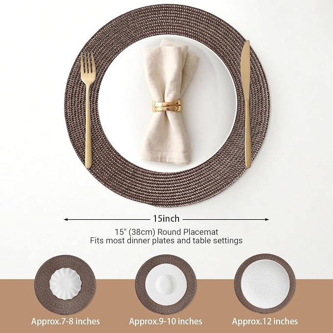 FunWheat Round Braided Placemats Set of 4 Table Mats for Dining Tables Woven Washable Non-Slip Place mats 15inch (Brown, 4pcs)