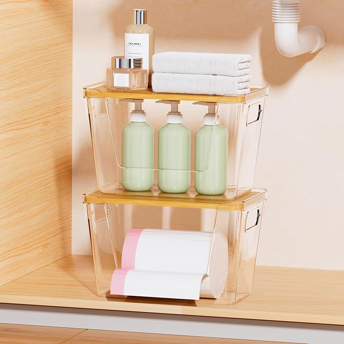 Delamu 2 Pack Trash Bag Dispenser, Stackable Garbage Bag Holder | Clear Acrylic Organizer Bins for Under Sink Organization, Pantry Storage, Cabinet, Kitchen, Laundry, Bathroom