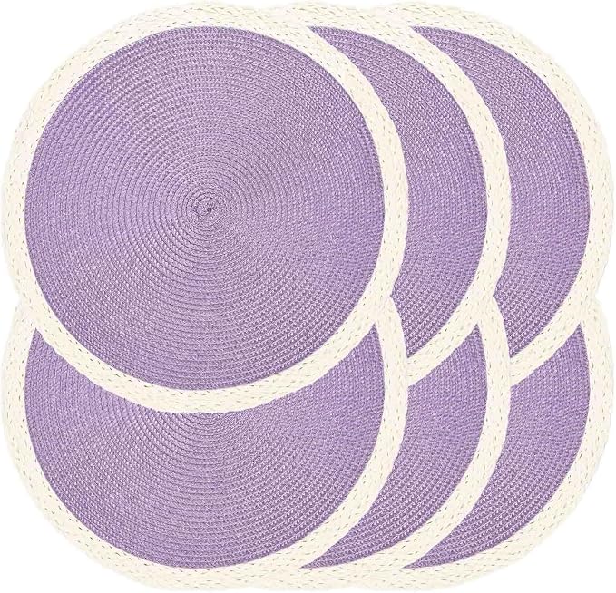 Round Placemats Set of 6, Woven Table Mats, Mint Purple | Braided Paper Edge, 15 Inch Diameter, Fits Dinner Plate and Flatware, Wipeable, Heat Resistant, Indoor Dining, Outdoor Patio