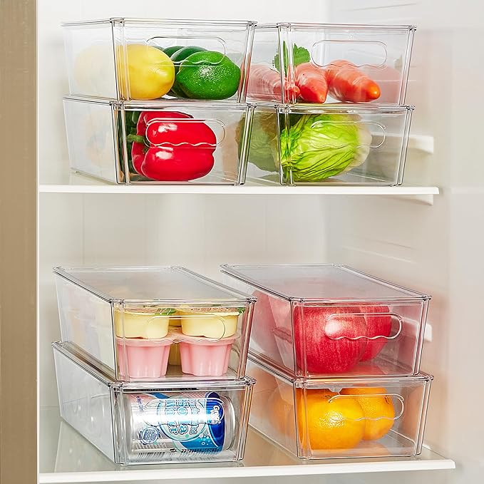 Vtopmart 2pcs Clear Stackable Storage Bins with Lids | BPA-free food-grade PET, Stackable with Lids Included, Easy to Move, For Fridge Freezer Pantry Cabinet Kitchen Organization