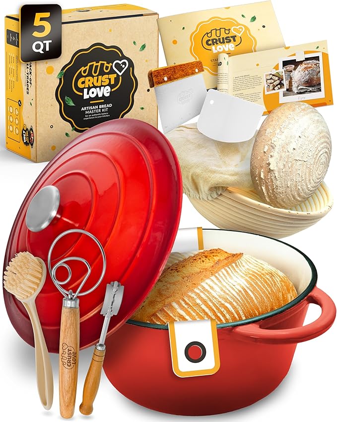 5 QT Enameled Dutch Oven for Bread Baking with Lid & Baking Set | Dutch Oven for Sourdough Bread Baking, Enameled Cast Iron with Lid, Banneton, Bread Sling, Lame, Dough Whisk & Clear Guide