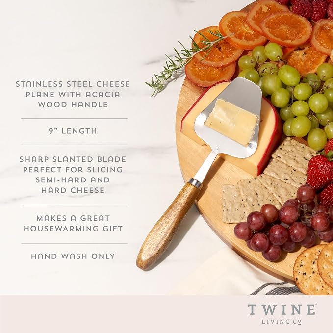 Twine Acacia Cheese Plane Hard Cheese Slicer - Charcuterie Board Cheese Slicer Stainless Steel with Acacia Handle - Set of 1