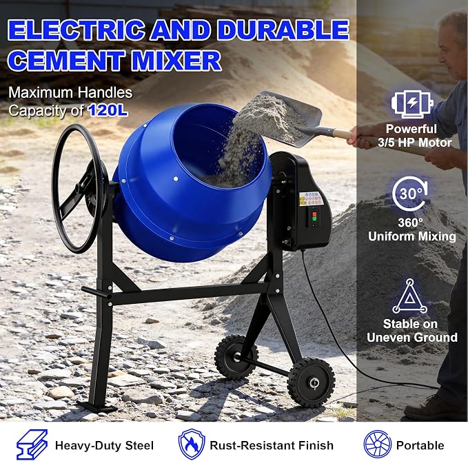 120L Electric Cement Mixer, 4.3 Cubic Ft. 450W 3/5HP Portable Concrete Mixer Machine with Stand And Wheels for Stucco, Mortar, Seeds, Blue-2026 Upgraded