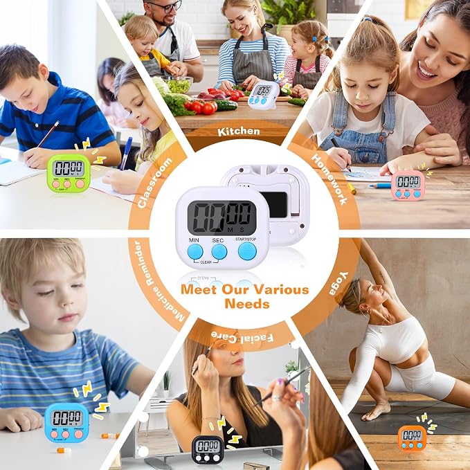 12 Pack Digital Kitchen Timers, Magnetic Countdown Timer with Loud Alarm | Big Digits, Backing Stand, Classroom, Teachers, Kids, Shower, Study, Work, Exercise, Training, Cooking.