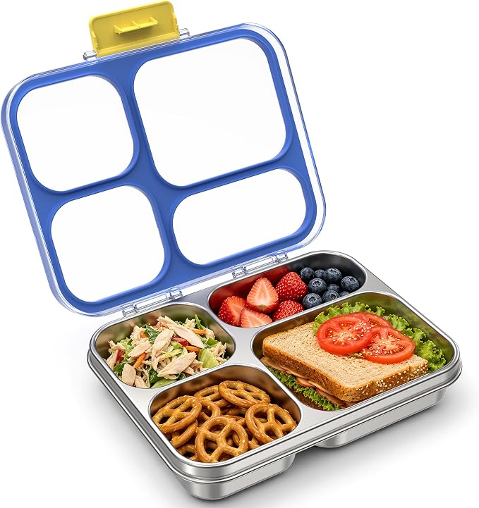 HOMEKOL Stainless Steel Bento Lunch Box, 4 Cups, Blue | 4-Compartment Leak-Proof Metal Lunch Container for Kids & Adults, BPA/BPS-Free, Dishwasher Safe, Clear Lid, (Not Insulated)