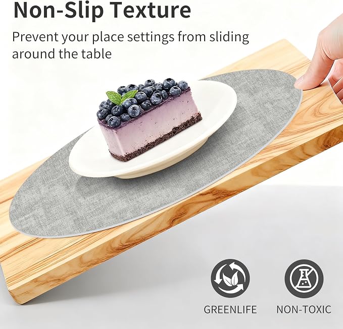 Maxpearl Faux Leather Round Placemats Set of 6, 13.8 inch, Grey | Waterproof, Heat Resistant, Non Slip, Wipe Clean Dining Table Place Mats, Suitable for Indoor & Outdoor Use, Table Settings