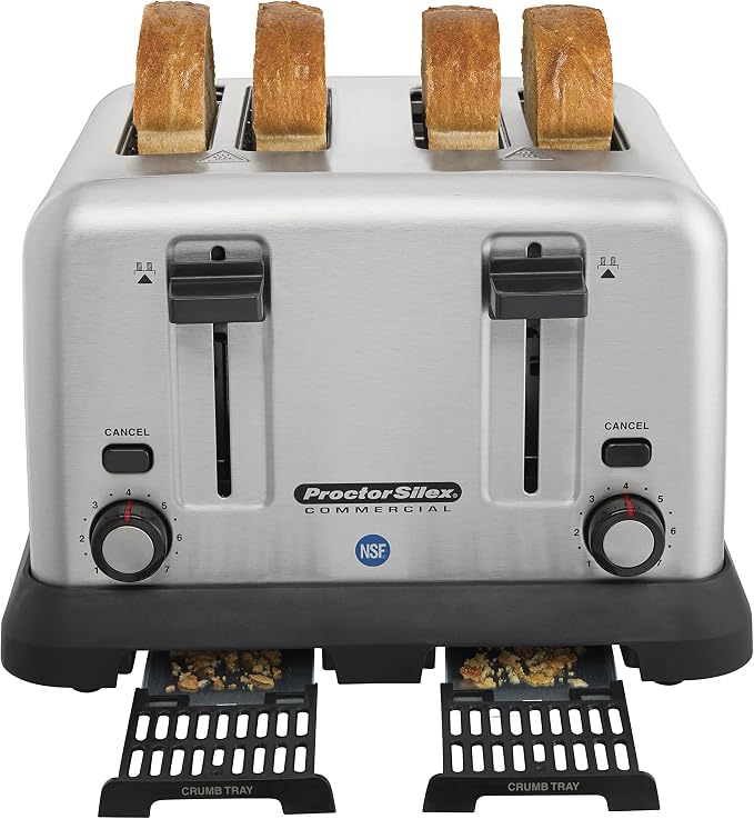 Proctor Silex Commercial 4 Slot Toaster with Crumb Tray, Longer-Life Heating Elements, Stainless-Steel Construction, NSF Certified, 24855