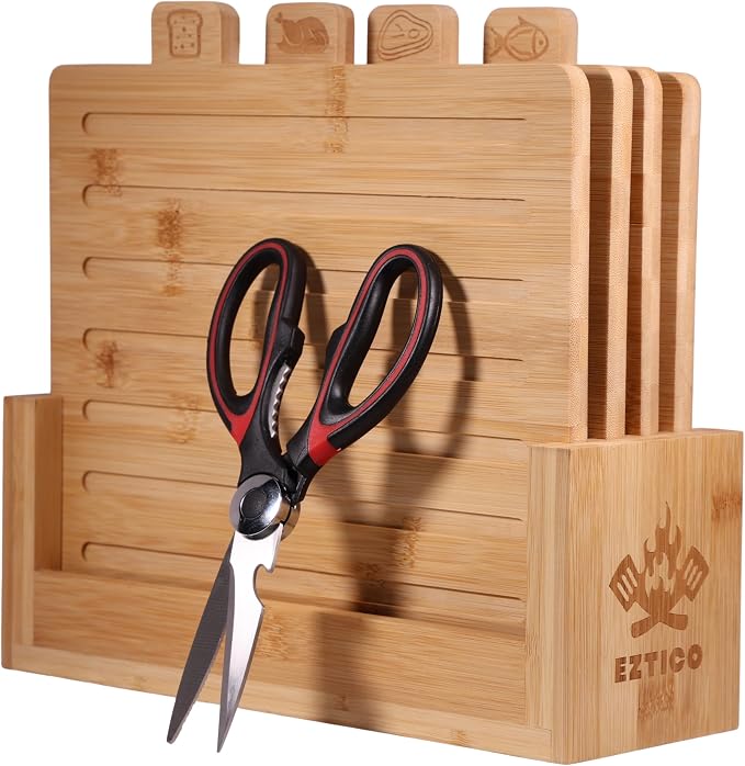 4-Piece Bamboo Cutting Board Set And Premium Scissors, Perfect Wooden Charcuterie and Chopping Boards, Ideal Juice Groove, BPA-Free, kitchen stuff, and kitchen must haves 2026.