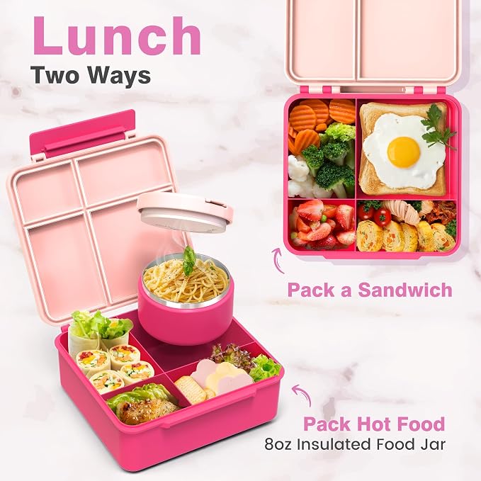 HOMEKOL Bento Lunch Box Set for Kids, Pink | with Stainless Steel Insulated Food Jar, Plastic Water Bottle, Bag and Silicone Spoon and Fork for Boys Girls