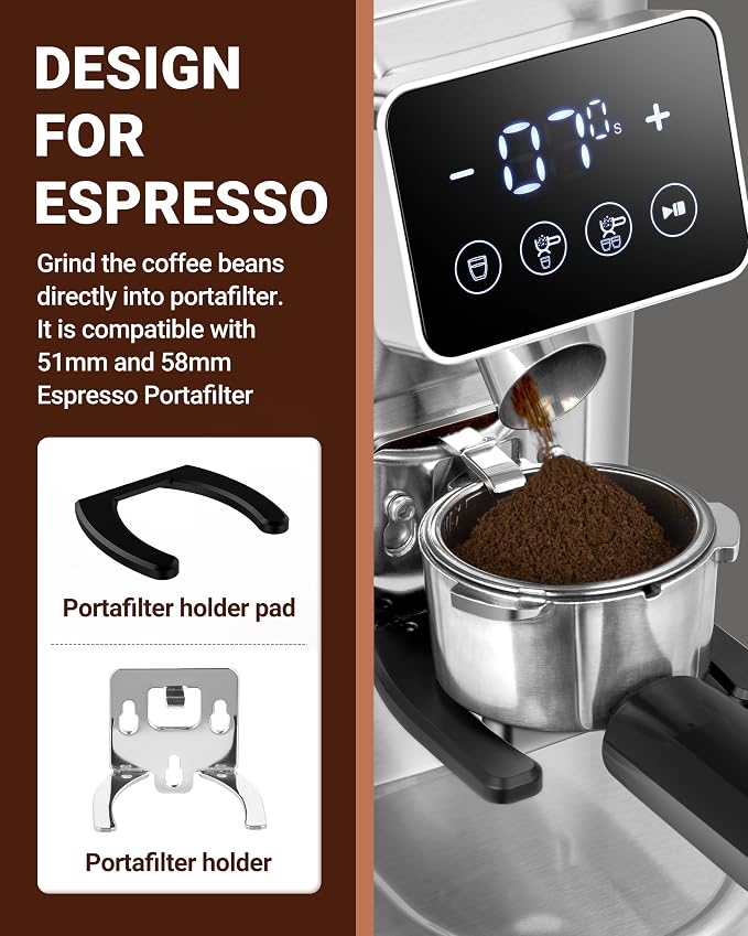 AMZCHEF Conical Burr Coffee Grinder, 48 Grind Settings, Anti-Static Burr Mill with Precision Timer & LED Touchscreen, for Espresso, Drip, Pour Over, Cold Brew & French Press, Stainless Steel, Silver