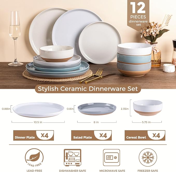 AmorArc Dinnerware Sets for 4, 12 Pieces Ceramic Plates and Bowls Set | Scratch Resistant Stoneware Dishes Set, Dishwasher & Microwave Safe, Multi-Color