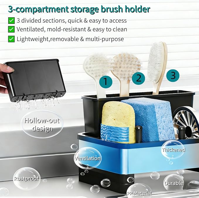 Stainless Steel Sink Caddy Sponge Holder for Kitchen Sink 9.8″ | with Auto-Drain, with Removable Brush Holder & Towel Rack, Rustproof Sink Organizer for Countertop, Kitchen Accessories