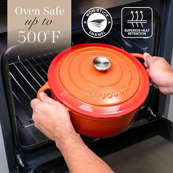 Cast Iron Dutch Oven with Lid-Non-Stick Ovenproof Enamelled Casserole Pot- Sturdy Dutch Oven Cookware - Orange, 7.3- Quart, 30cm- by Nuovva