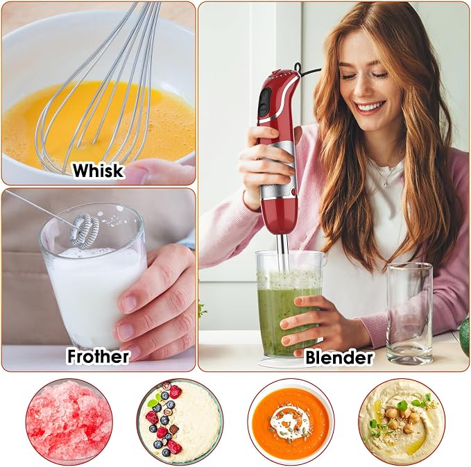 Blackcow Immersion Blender Handheld, Corded Hand Blenders Set 800W, 12 Speed Stick Blender 5 in 1 Stick Emulsifier with Chopper, Whisk and Frother for Soup, Baby Food and Smoothies, Red